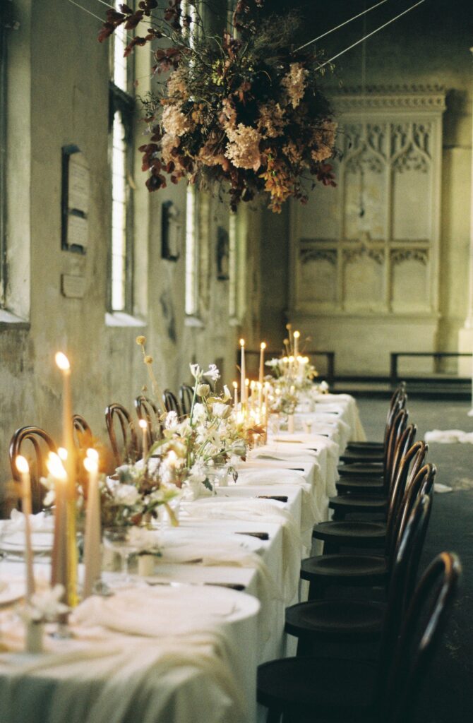 Luxury wedding tablescape captured on 35mm film
