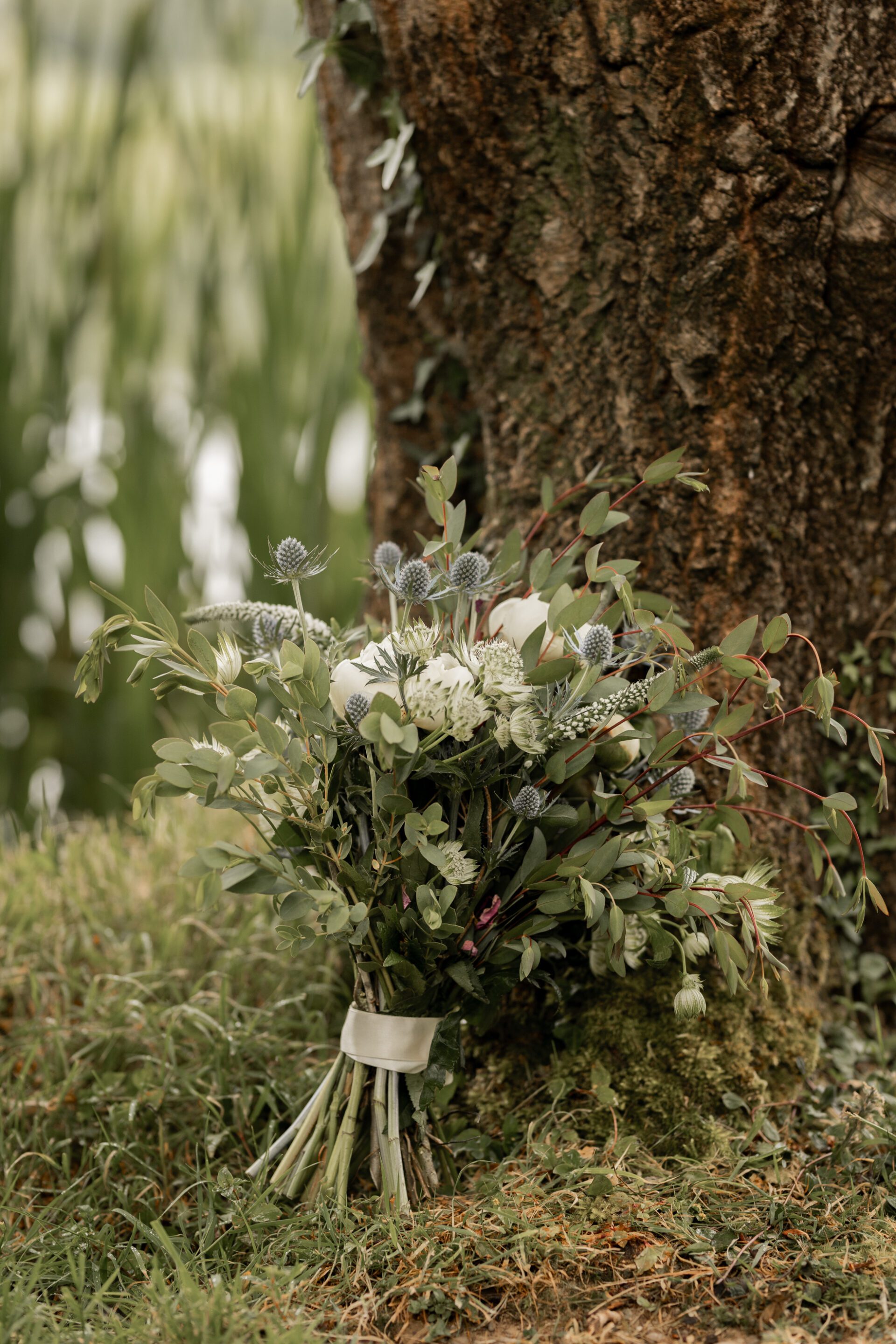 The bride's beautiful classic bouquet was created by the Devon Cottage Gardener