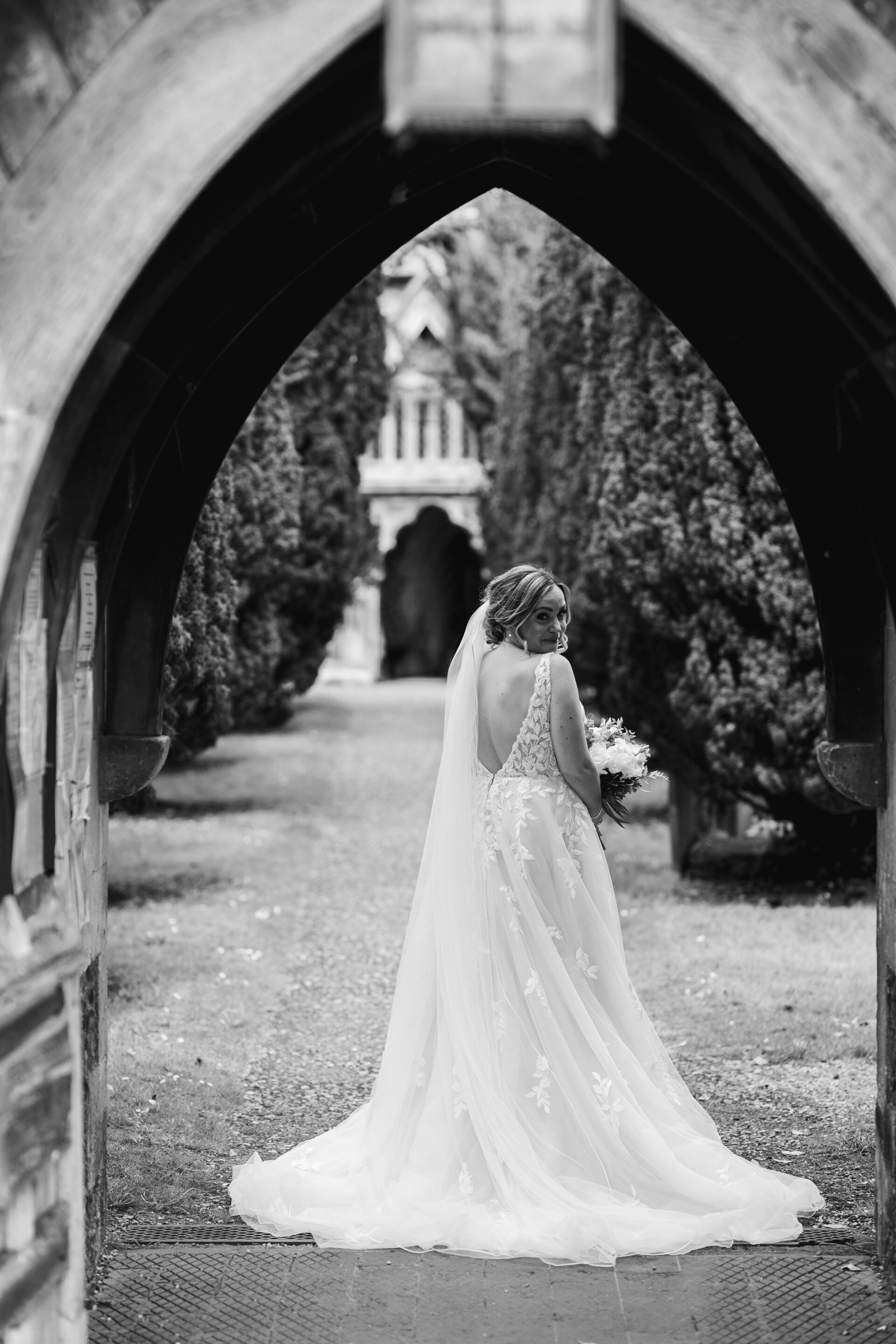The bride approaches the church