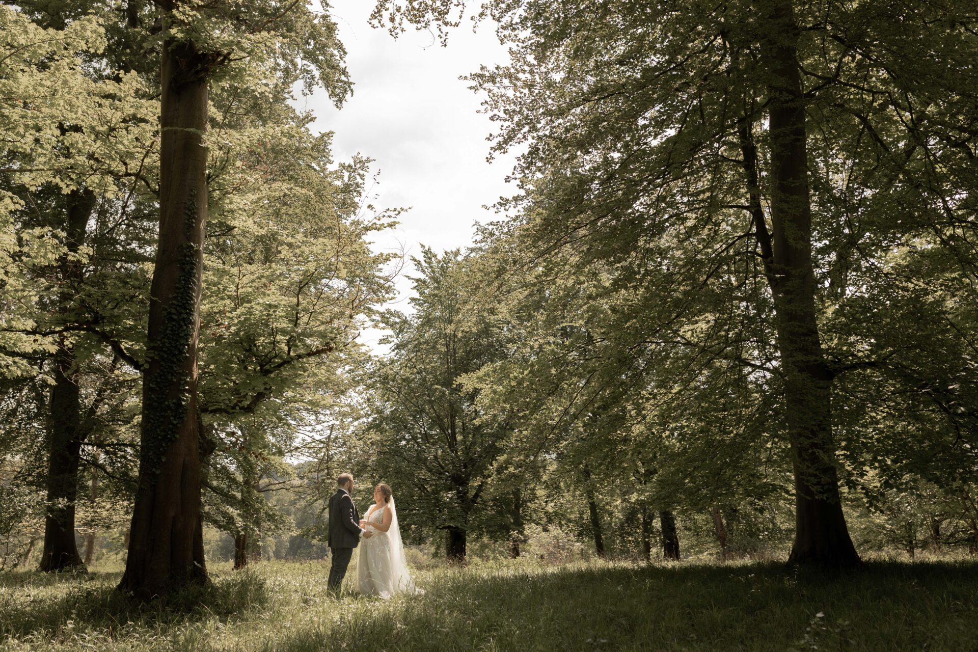 The bride and groom stop for a kiss in the magnificent woods at Old Luxters Barn in Oxfordshire