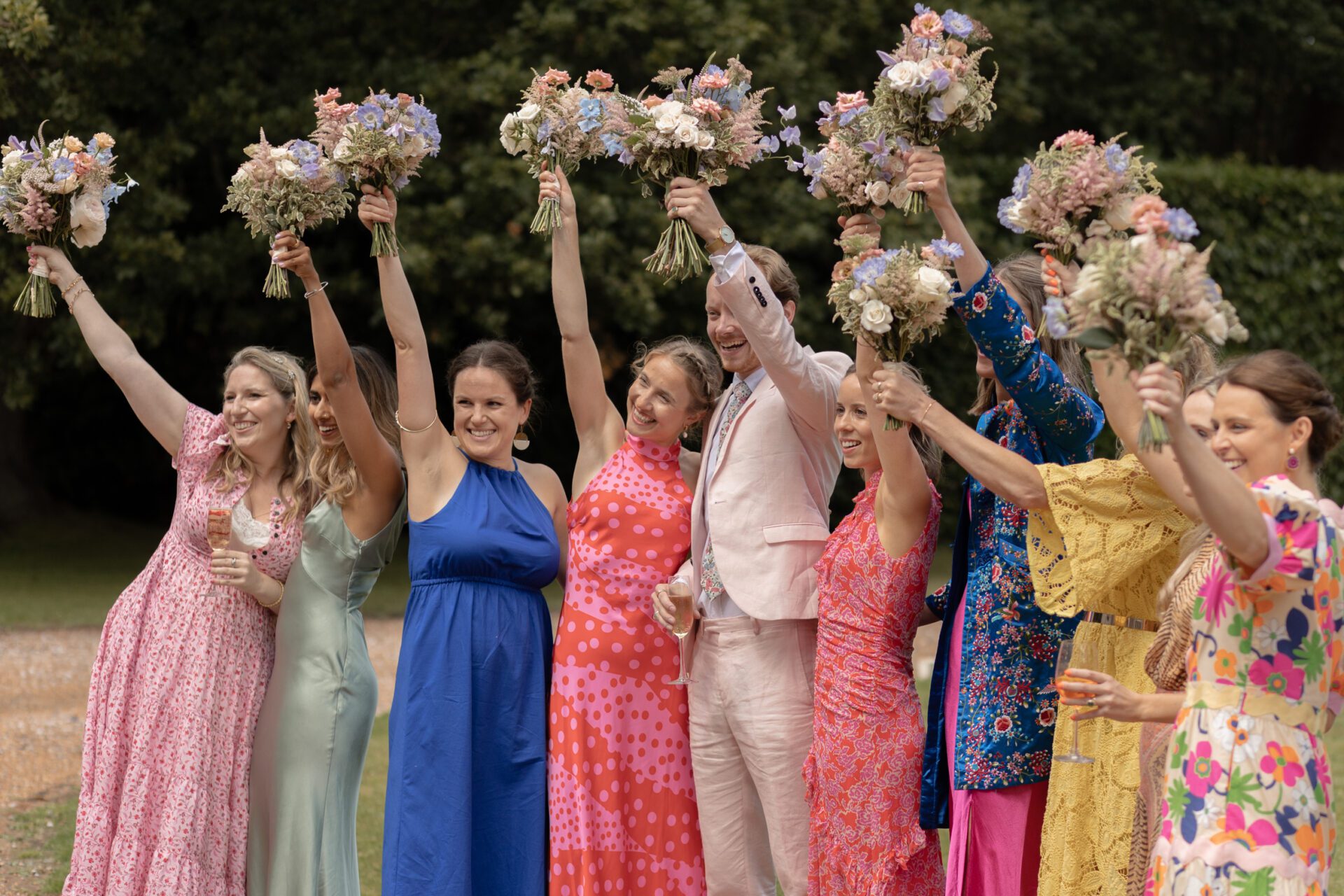Bridal party group shot at Kent wedding venue, Brickwall House