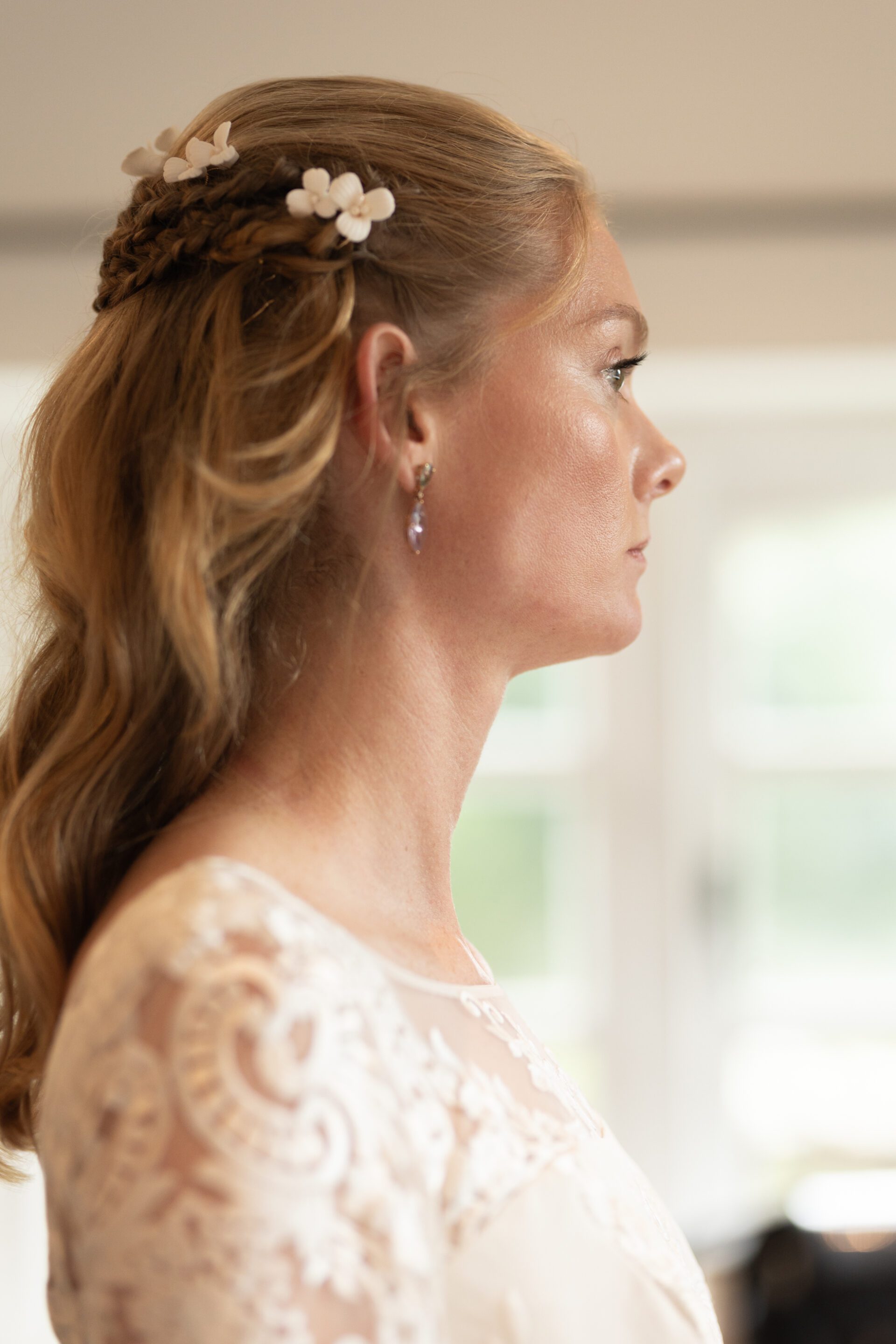 A close up bridal portrait before the wedding ceremony at Brickwall House