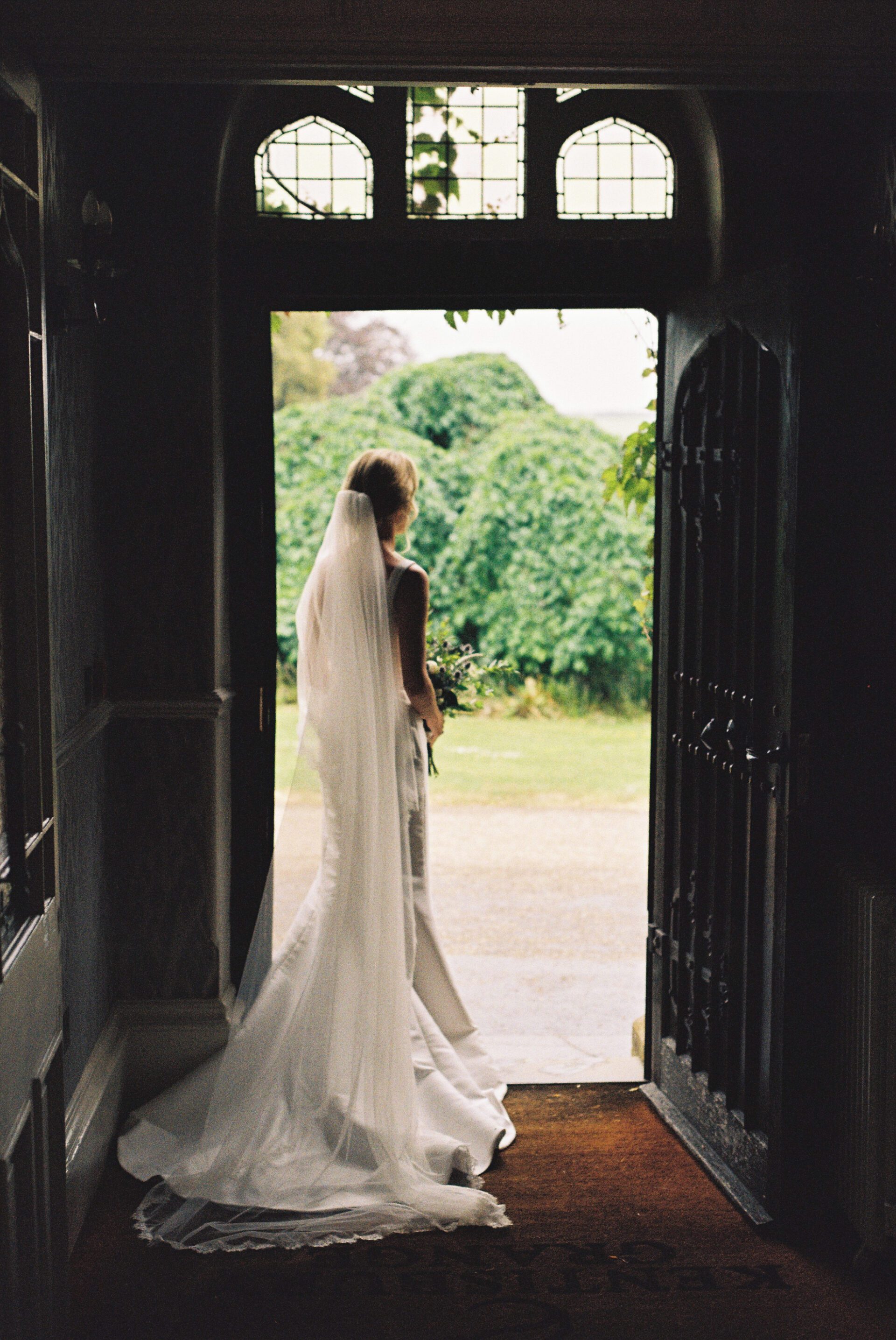 Timeless bridal portrait captured on 35mm in Devon