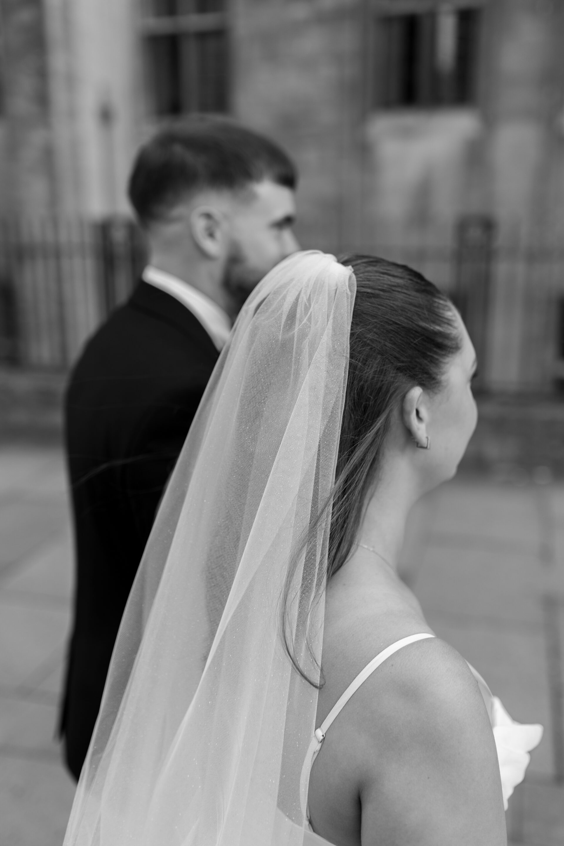 A classic black and white veil shot during a couple portrait session in Bristol