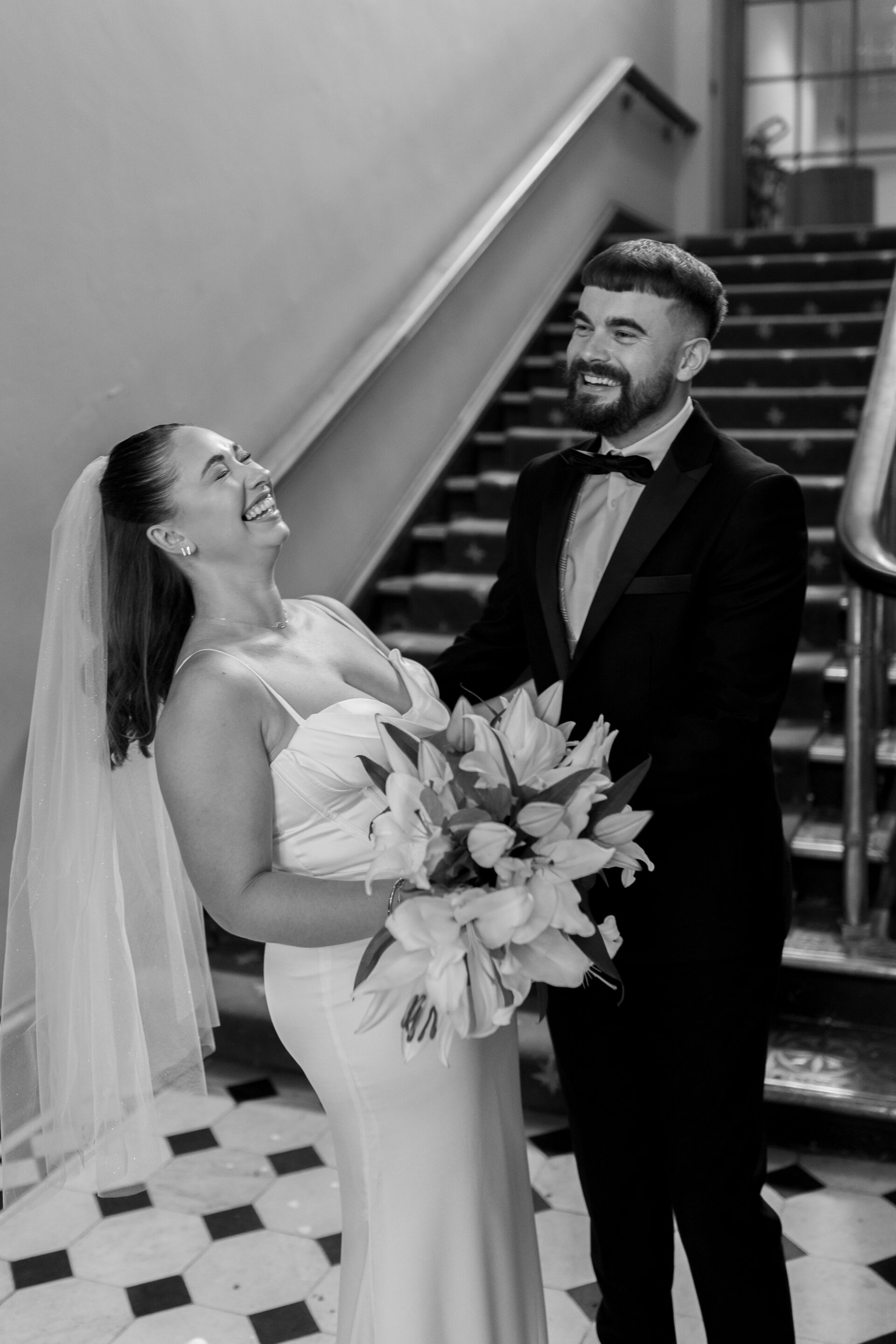A black and white couple portrait at Bristol registry office