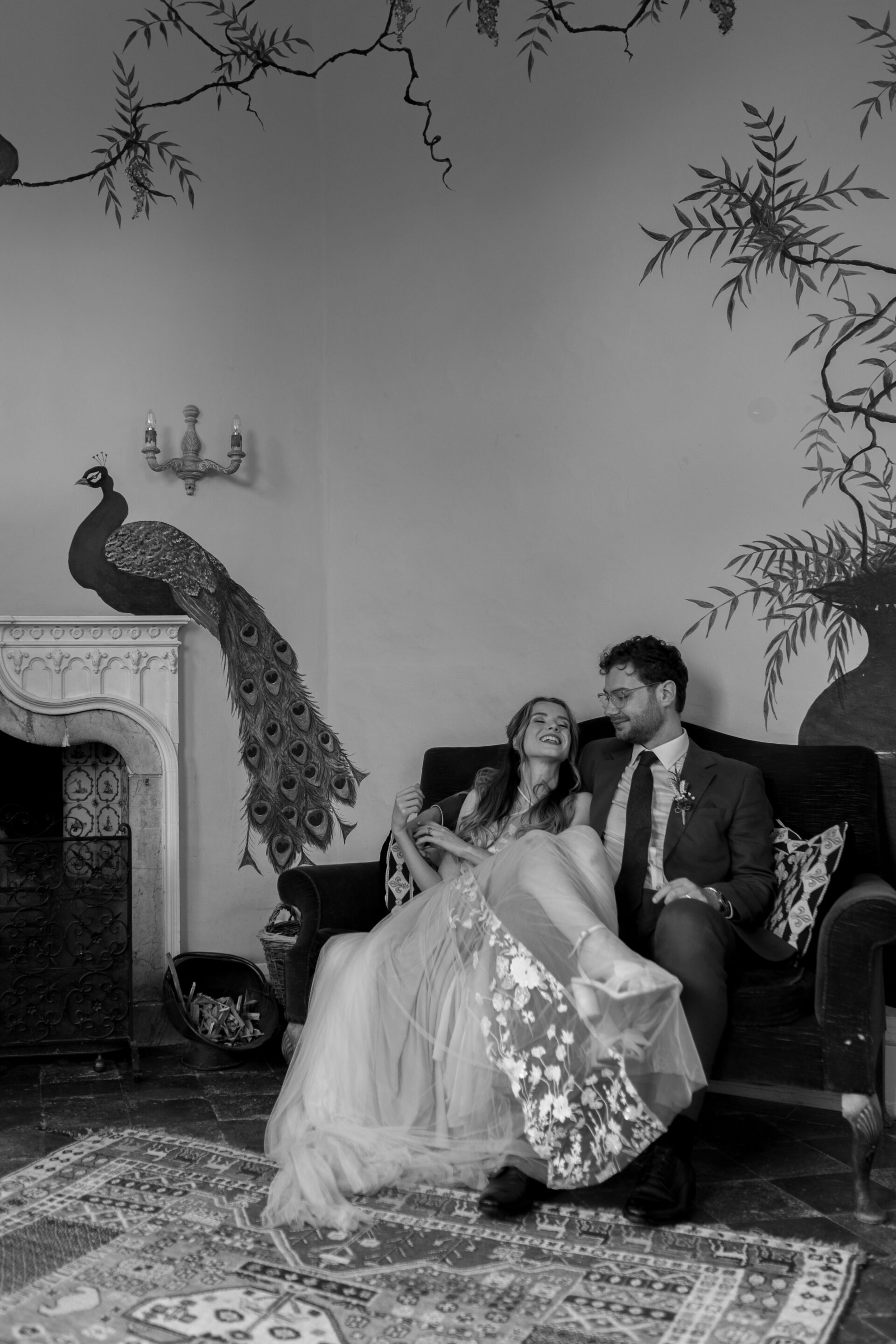 Black and white couple portrait in the Orangery at Gloucestershire wedding venue, Frampton Court Estate